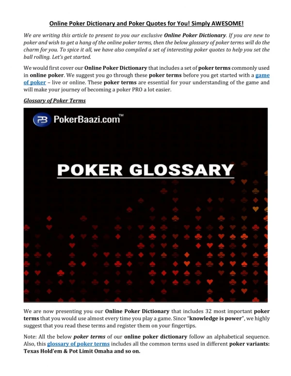 Online Poker Dictionary and Poker Quotes for You! Simply AWESOME!