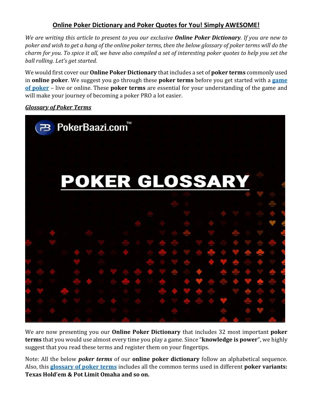 online poker dictionary and poker quotes
