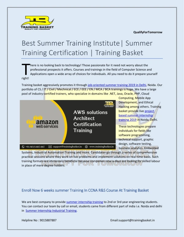 Best Summer Training Institute| Summer Training Certification | Training Basket