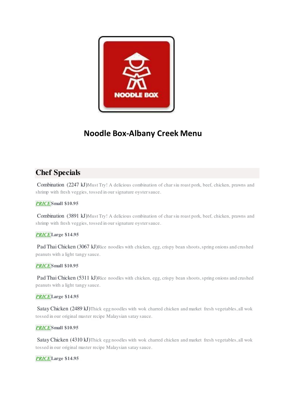 noodle box albany creek menu chef specials