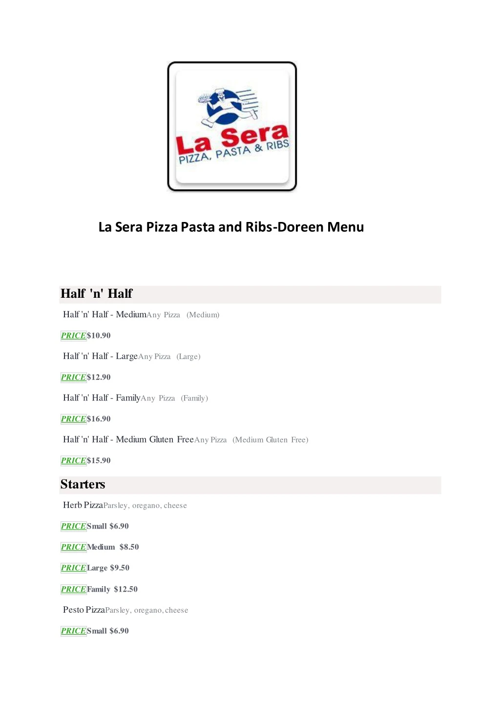 la sera pizza pasta and ribs doreen menu half