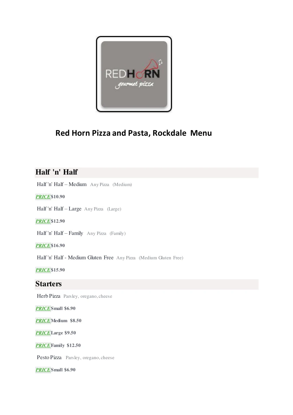 red horn pizza and pasta rockdale menu half n half