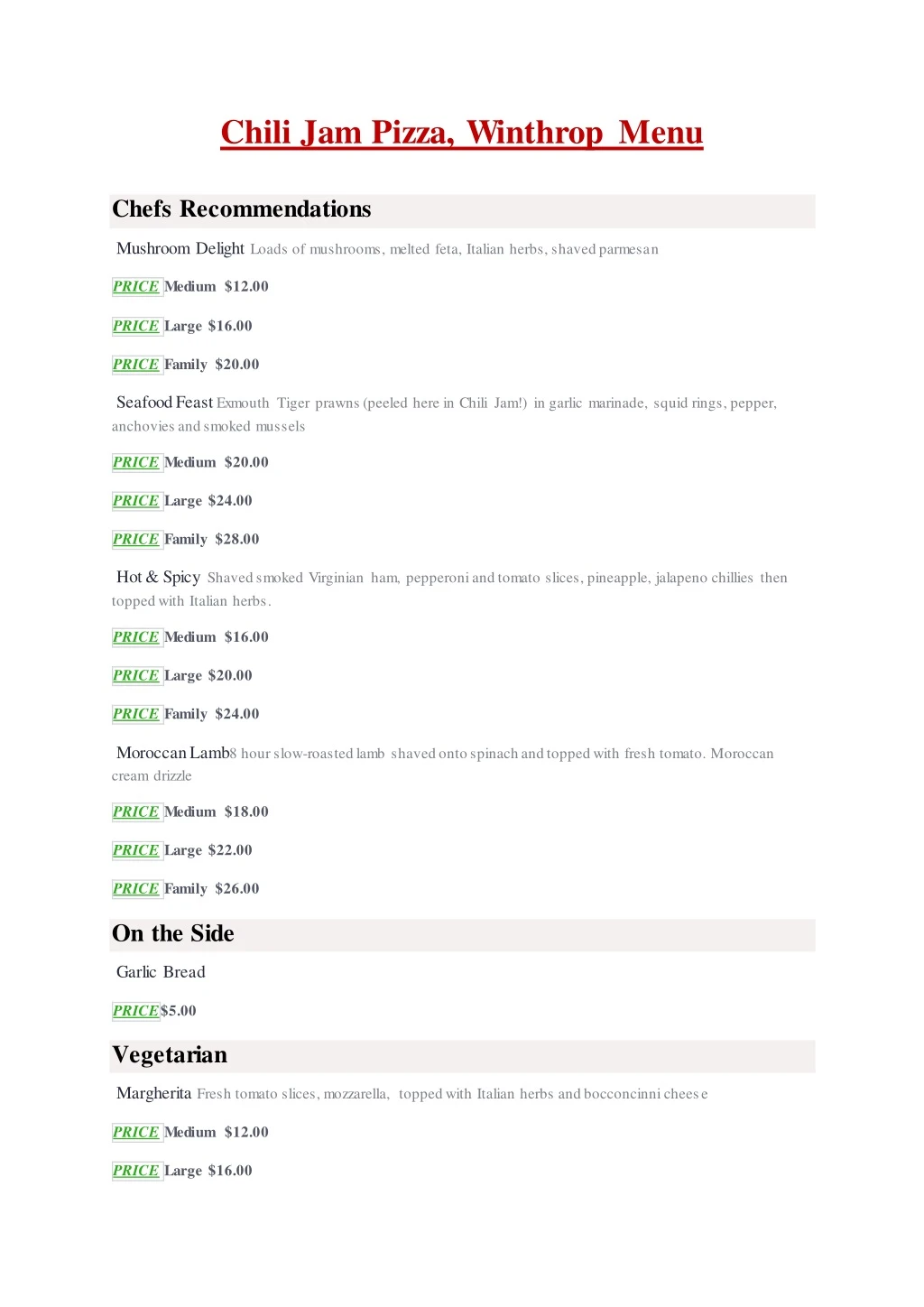 chili jam pizza winthrop menu