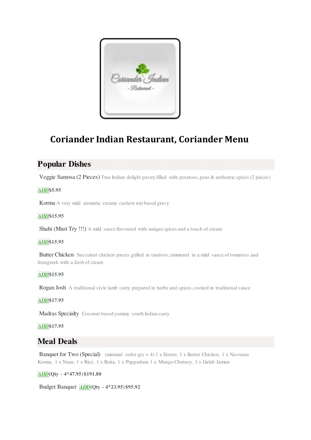 coriander indian restaurant coriander menu