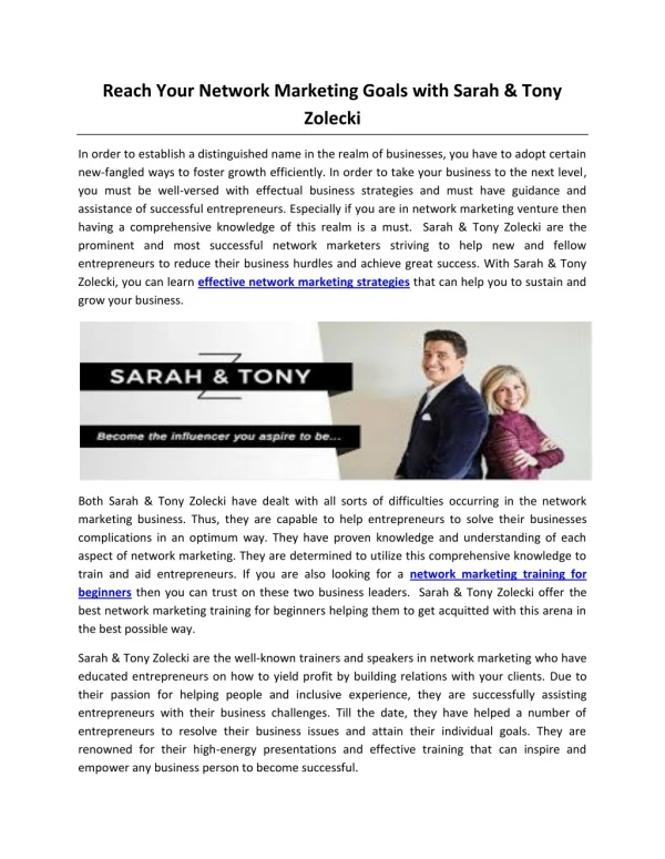 Reach Your Network Marketing Goals with Sarah & Tony Zolecki