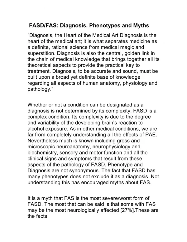 FAS, FASD: DIAGNOSIS AND MYTHS