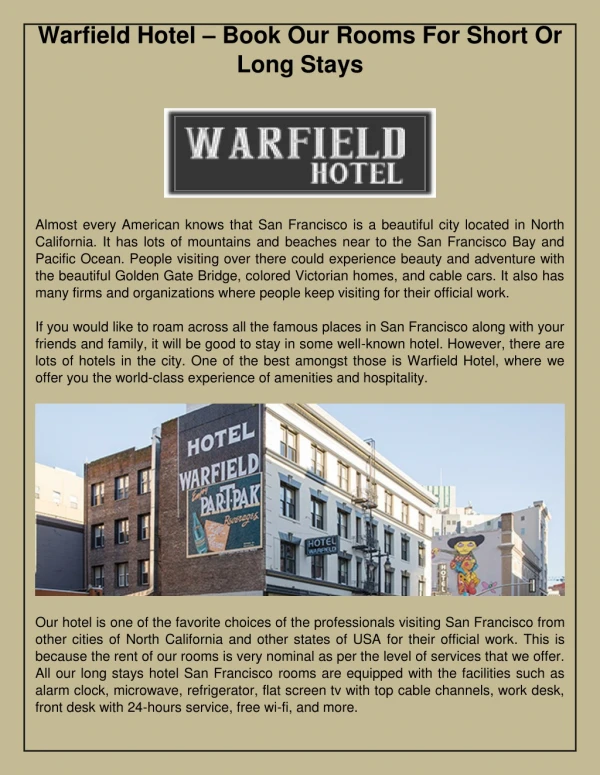 Warfield Hotel – Book Our Rooms For Short Or Long Stays