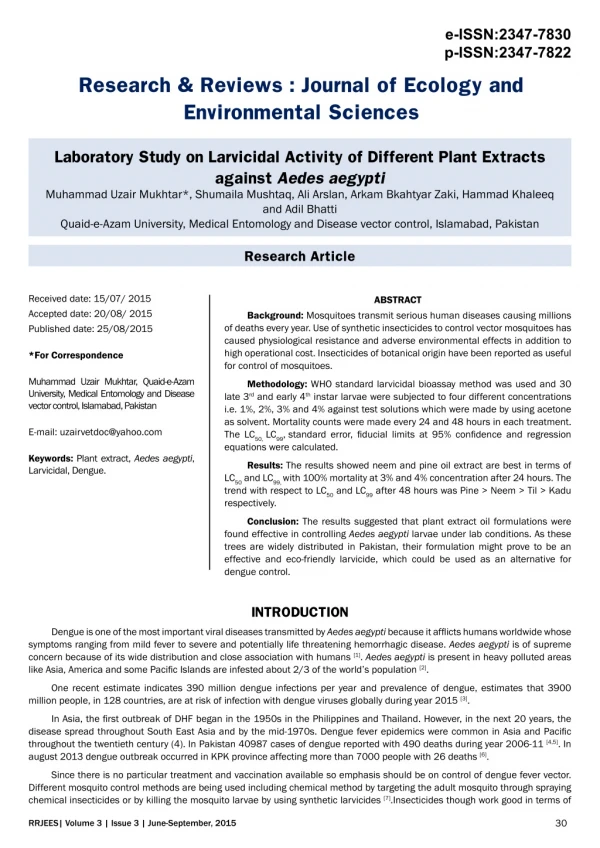 Laboratory Study on Larvicidal Activity of Different Plant Extracts against Aedes aegypti