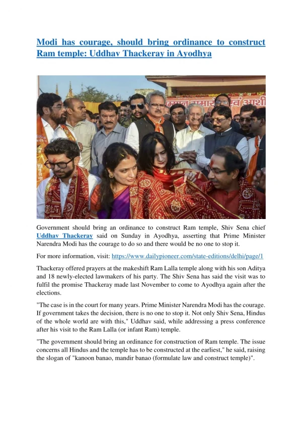 Modi has courage, should bring ordinance to construct Ram temple: Uddhav Thackeray in Ayodhya