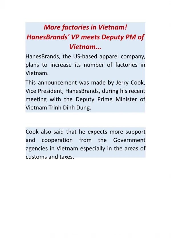 More factories in Vietnam! HanesBrands’ VP meets Deputy PM of Vietnam