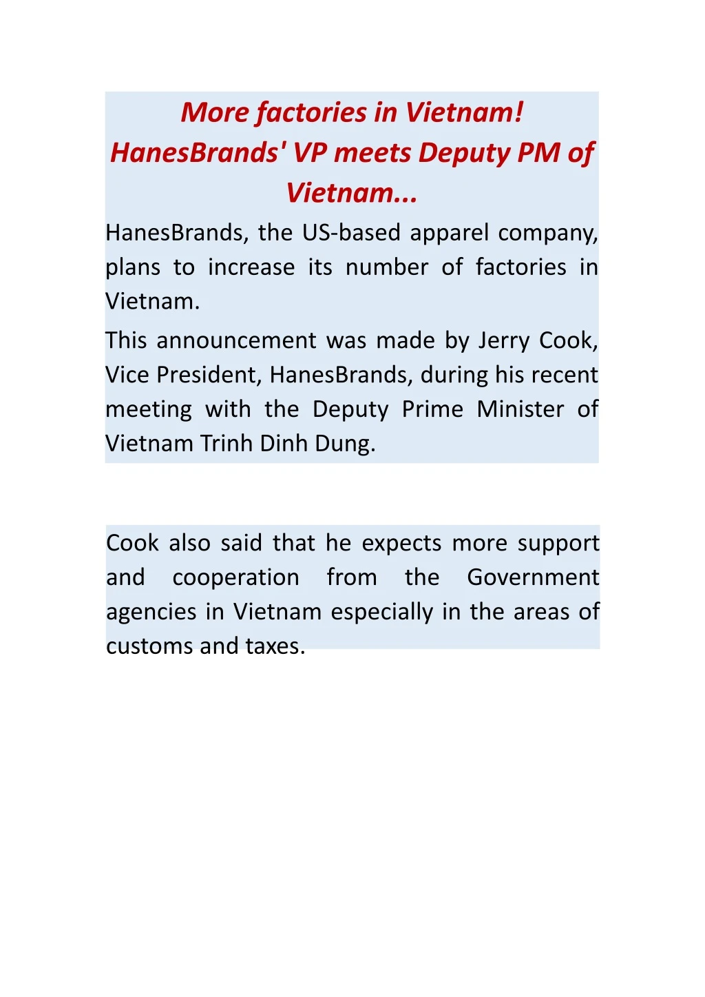 more factories in vietnam hanesbrands vp meets