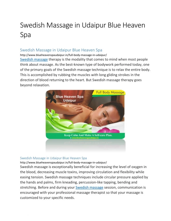 Swedish Massage in Udaipur Blue Heaven Spa