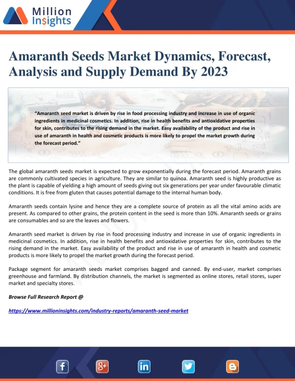 Amaranth Seeds Market Dynamics, Forecast, Analysis and Supply Demand By 2023