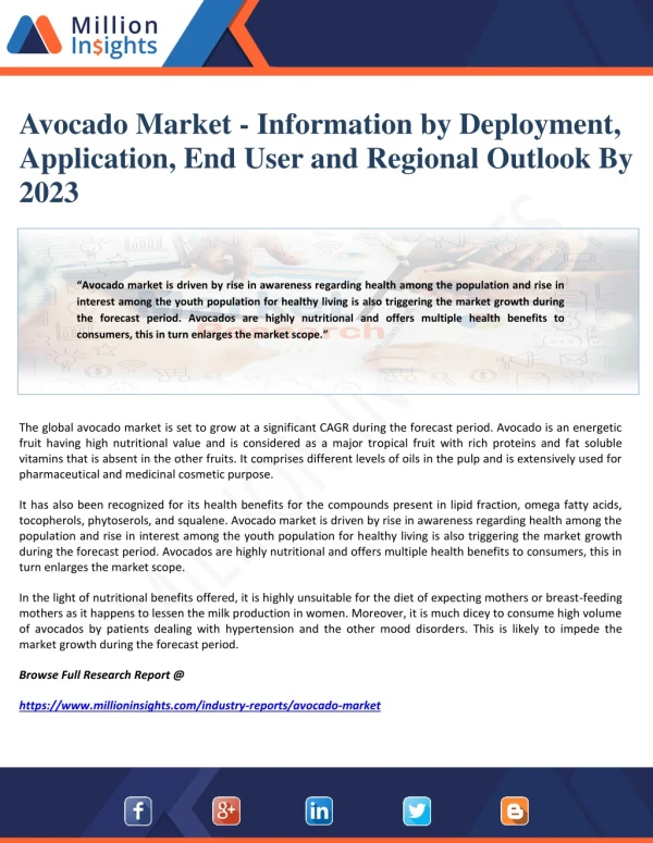 Avocado Market - Information by Deployment, Application, End User and Regional Outlook By 2023