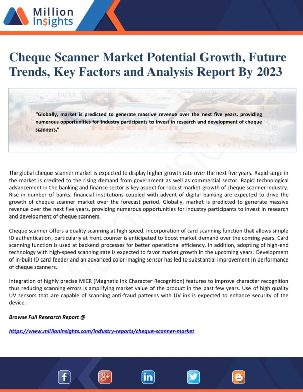 Cheque Scanner Market Potential Growth, Future Trends, Key Factors and Analysis Report By 2023