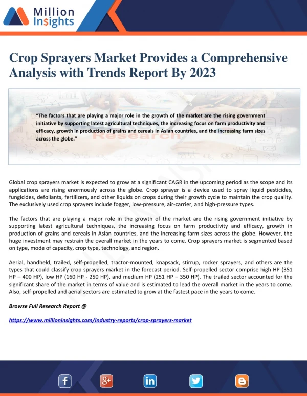 Crop Sprayers Market Provides a Comprehensive Analysis with Trends Report By 2023
