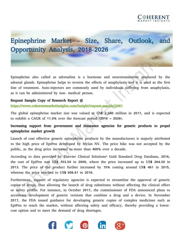 Epinephrine Market - Trends, Share, Outlook, and Opportunity Analysis, 2018-2026