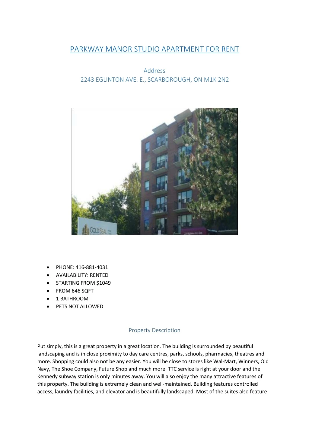 parkway manor studio apartment for rent