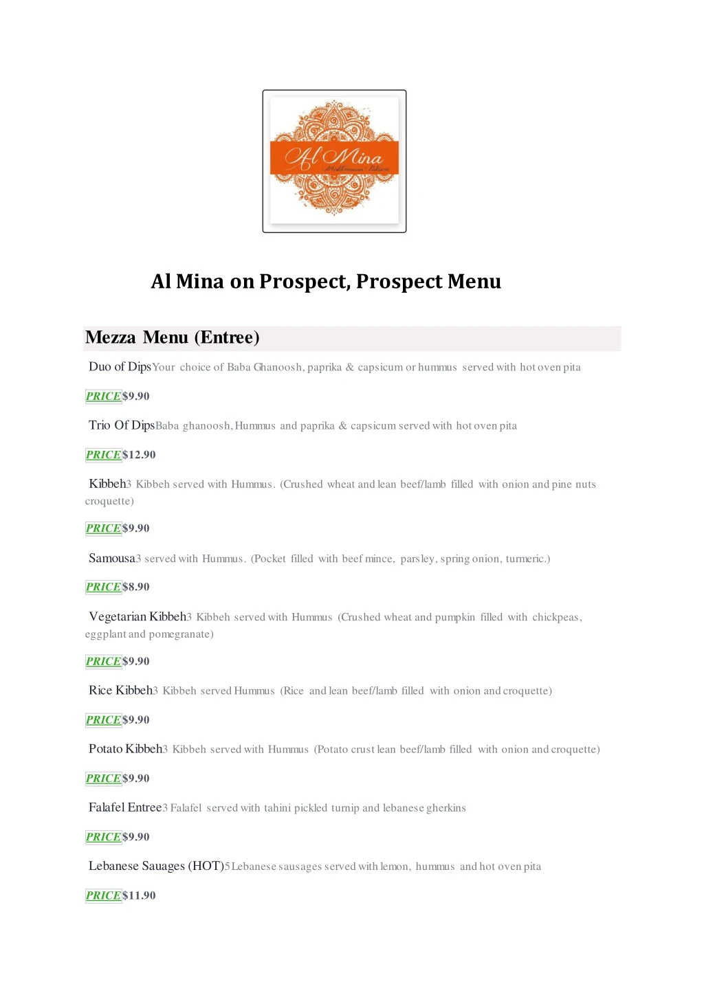 al mina on prospect prospect menu mezza menu
