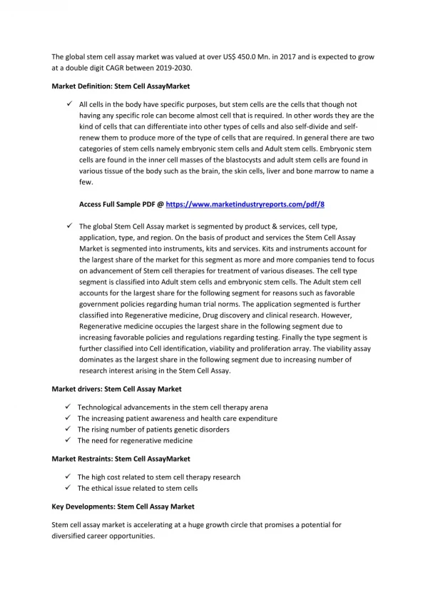 Stem Cell Assay Market evaluation with focus on development trends 2019