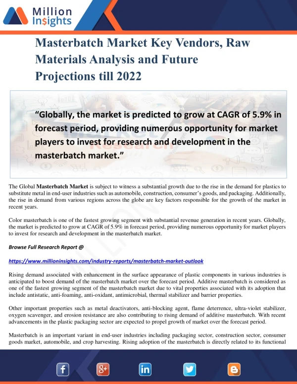 Masterbatch Market Key Vendors, Raw Materials Analysis and Future Projections till 2022