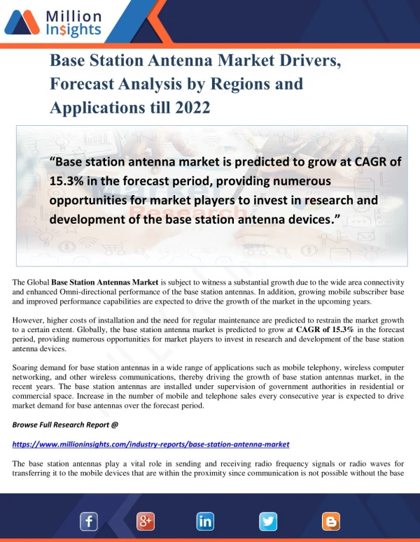 Base Station Antenna Market Drivers, Forecast Analysis by Regions and Applications till 2022