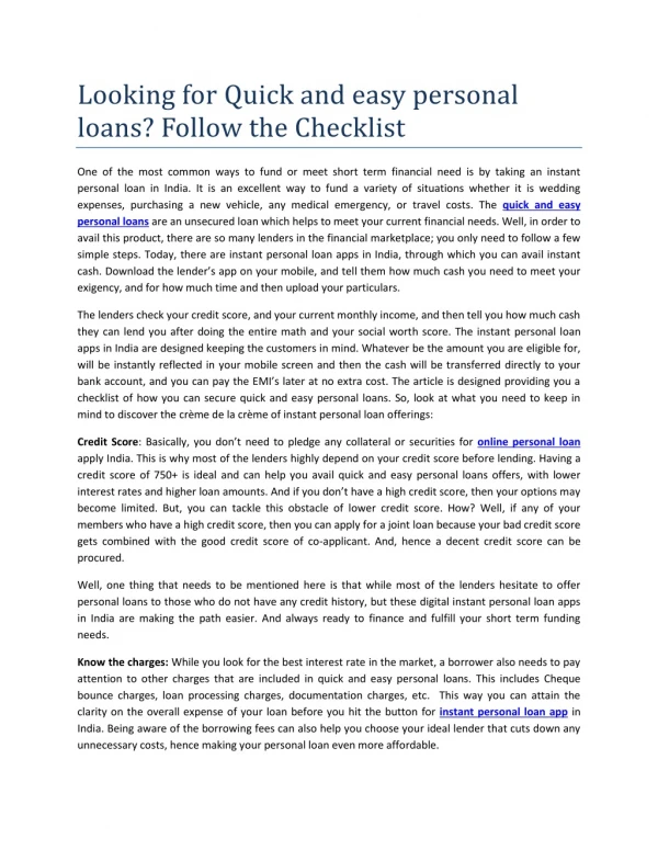 Looking for Quick and easy personal loans? Follow the Checklist
