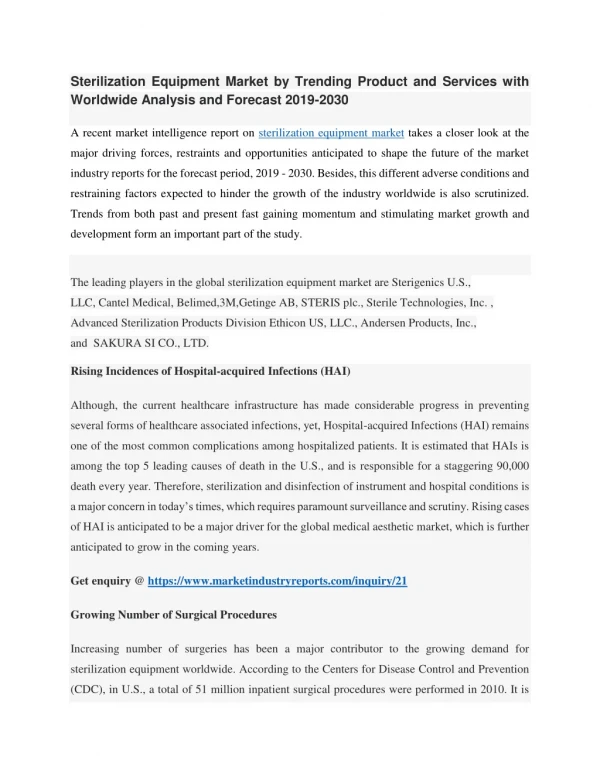 Sterilization Equipment Market Overview, Growth, Market Size and Forecast by 2030 with Top Key Players