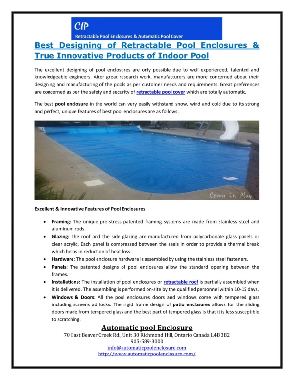 Best Designing of Retractable Pool Enclosures & True Innovative Products of Indoor Pool