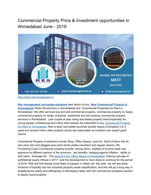 Commercial Property Price & Investment opportunities in Ahmedabad June - 2019