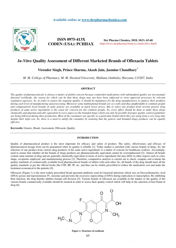 In-Vitro Quality Assessment of Different Marketed Brands of Ofloxacin Tablets