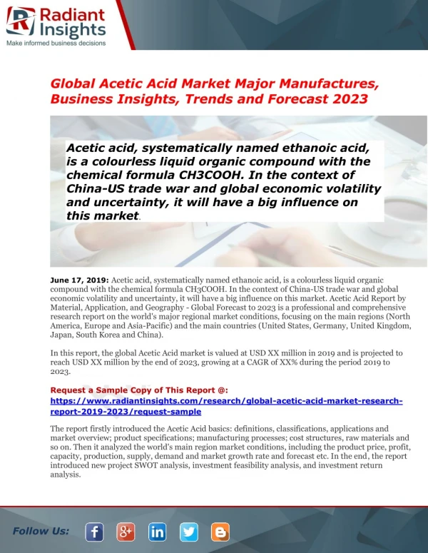 Global Acetic Acid Market Trends Estimates High Demand by 2023