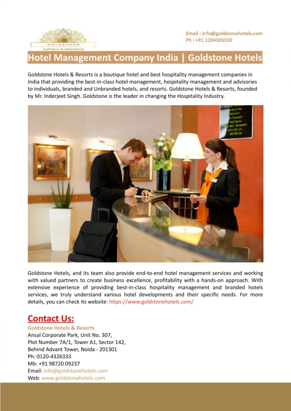 Hotel Management Company India-Goldstone Hotels