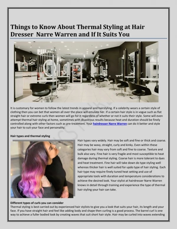 Things to Know About Thermal Styling at Hair Dresser Narre Warren and If It Suits You