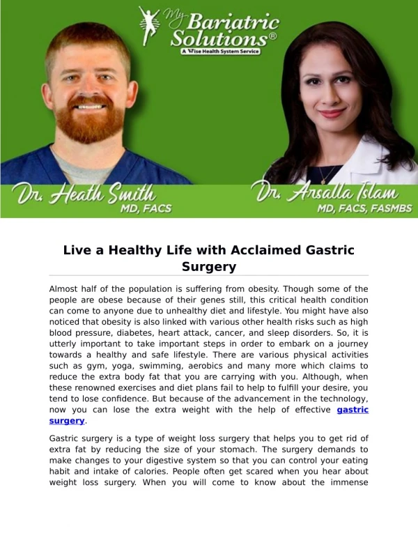 Live a Healthy Life with Acclaimed Gastric Surgery