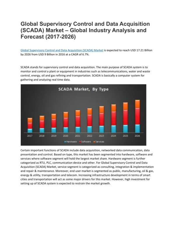 Global Supervisory Control and Data Acquisition (SCADA) Market – Global Industry Analysis and Forecast (2017-2026)
