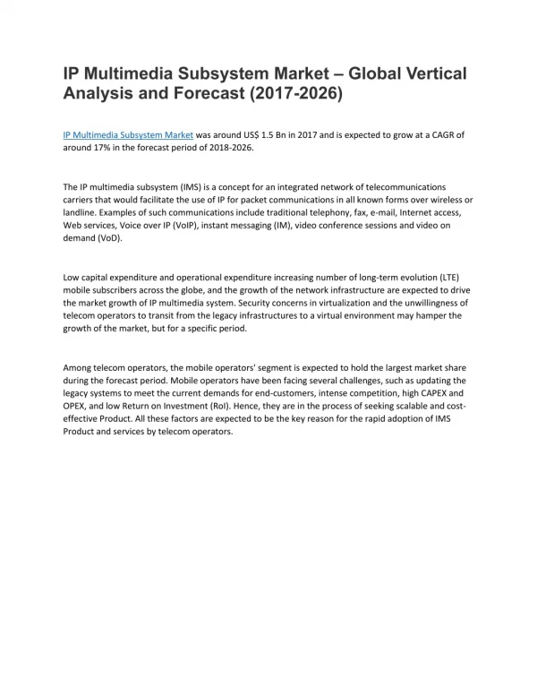 IP Multimedia Subsystem Market – Global Vertical Analysis and Forecast (2017-2026)