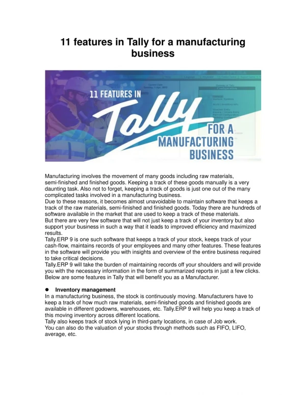 11 features in Tally for a manufacturing business