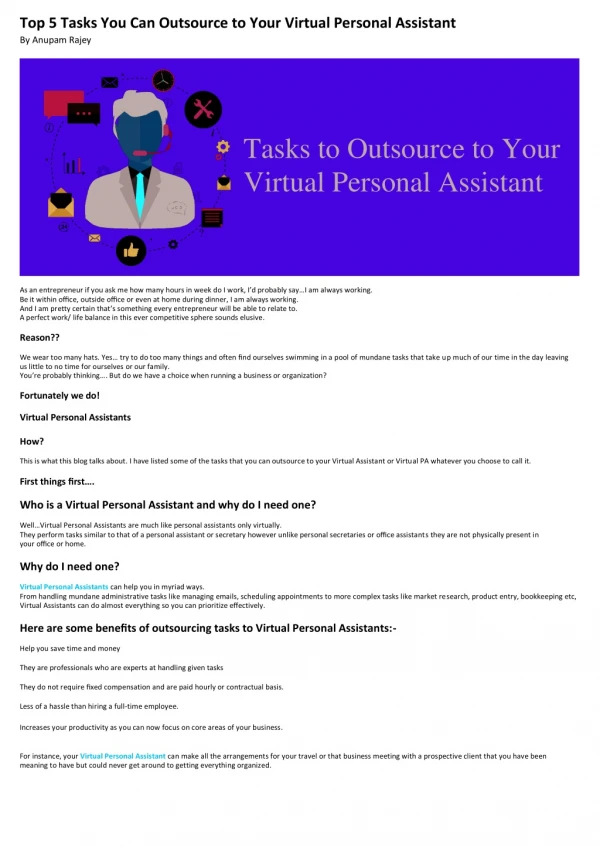 Top 5 Tasks You Can Outsource to Your Virtual Personal Assistant