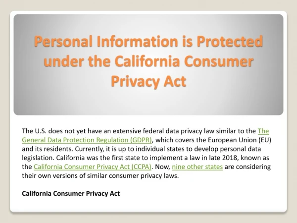 Personal Information is Protected under the California Consumer Privacy Act