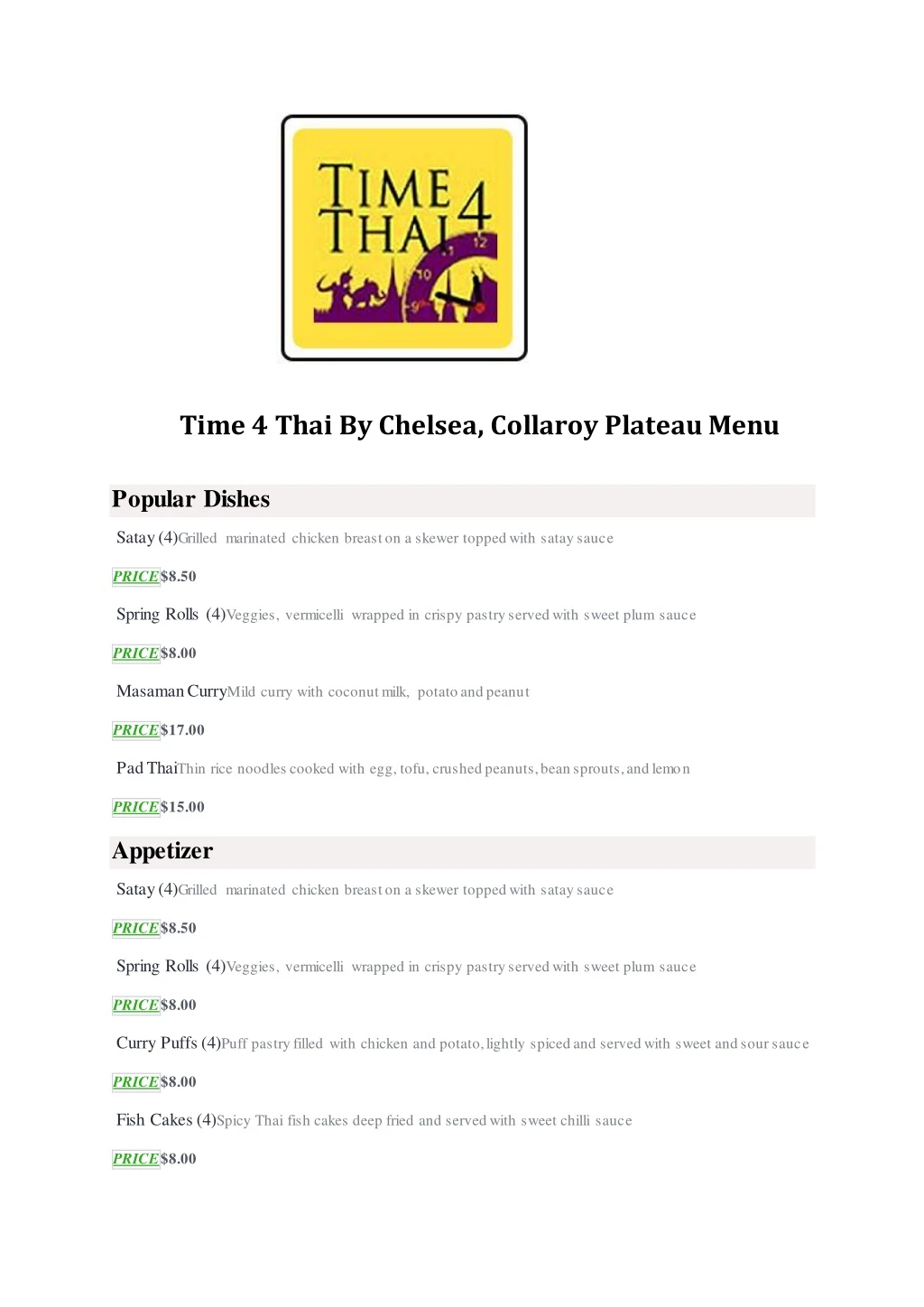 time 4 thai by chelsea collaroy plateau menu