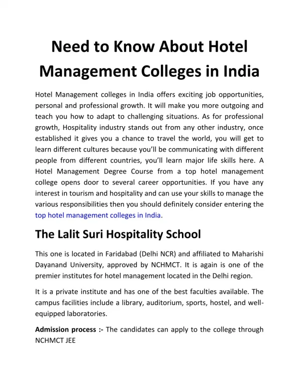Need to Know About Hotel Management Colleges in India