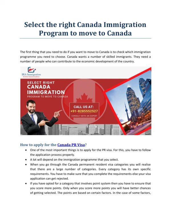 Select the right Canada Immigration Program to move to Canada