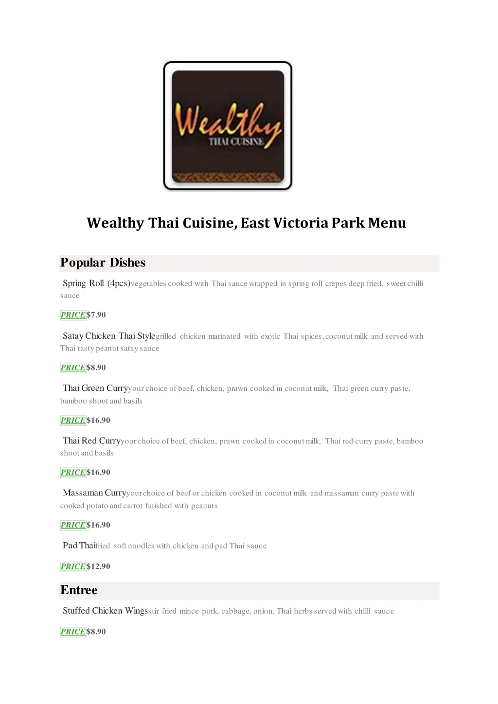 wealthy thai cuisine east victoria park menu