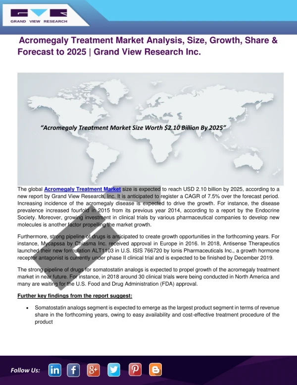 Acromegaly Treatment Market to Reach $2.10 Billion by 2025 | Grand View Research