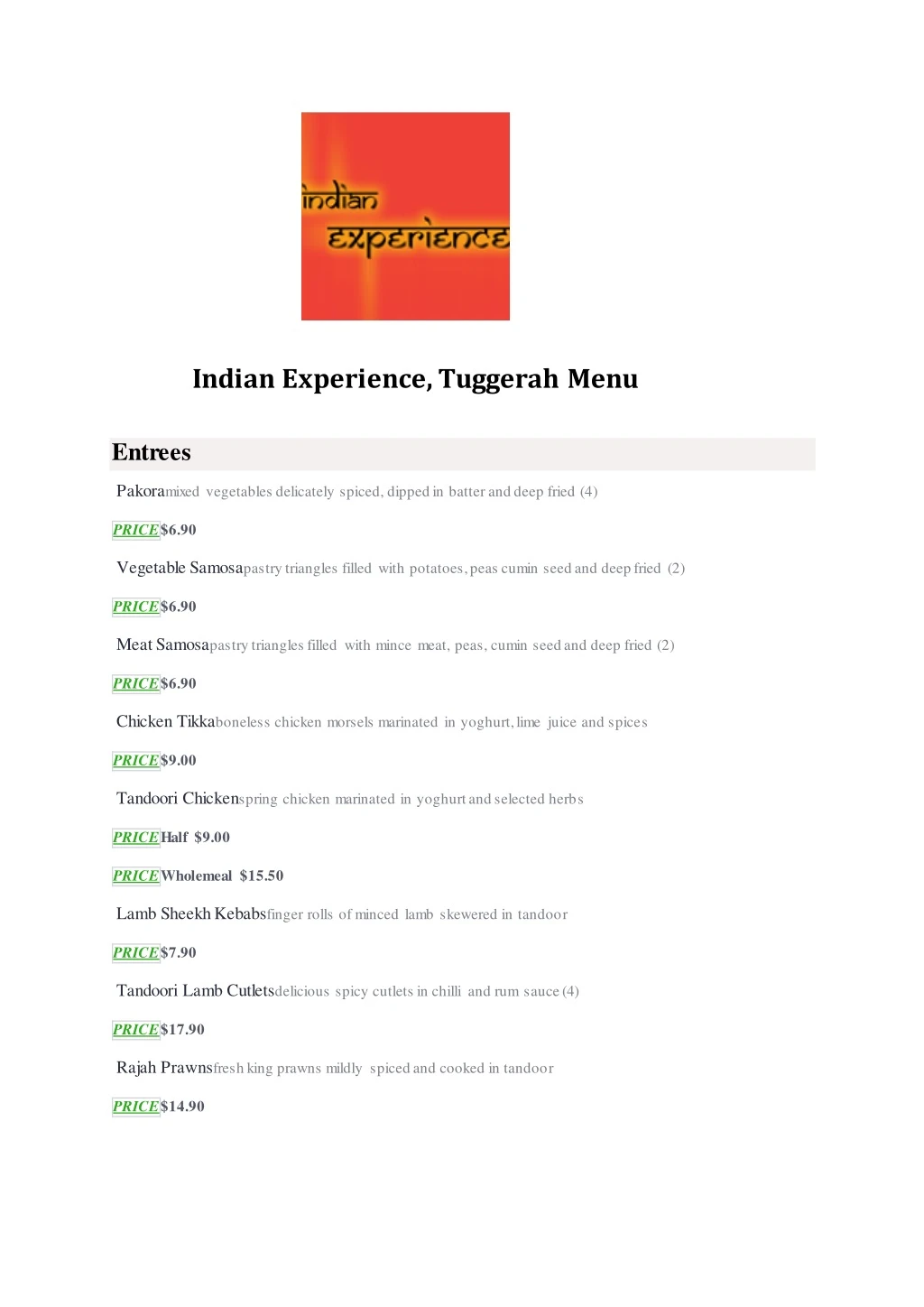 indian experience tuggerah menu entrees