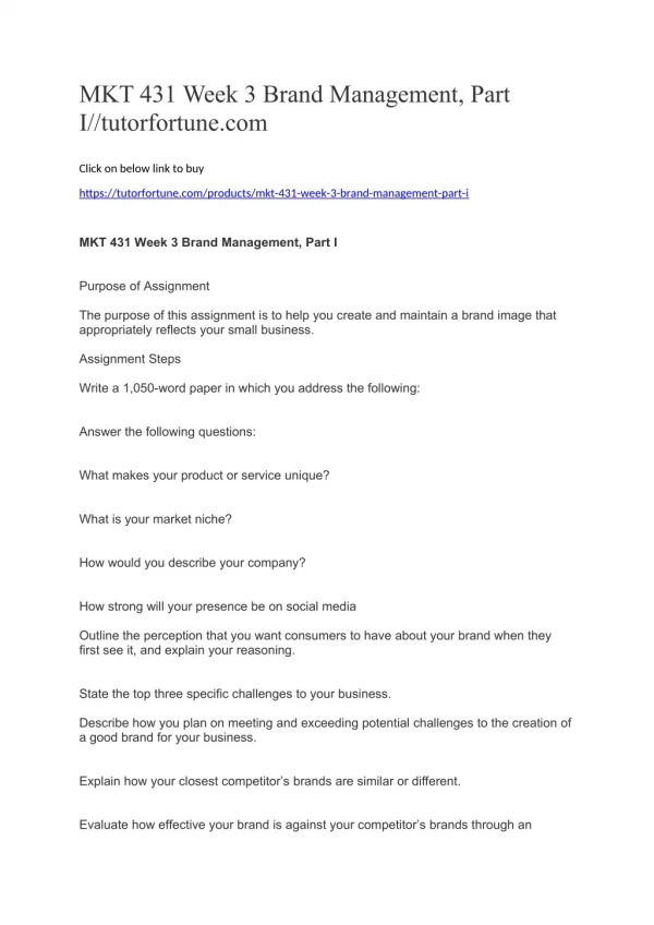 MKT 431 Week 3 Brand Management, Part I//tutorfortune.com