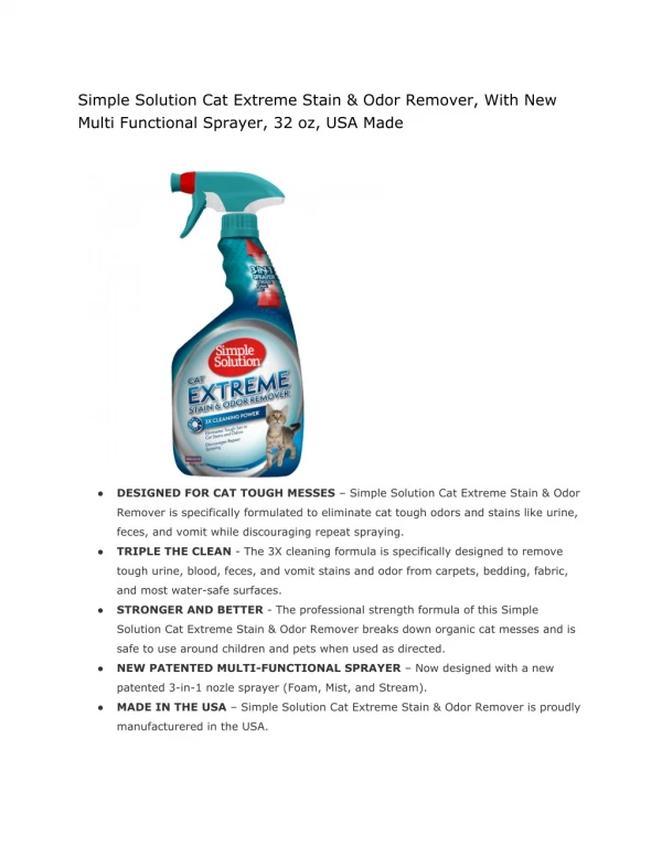 Simple Solution Cat Extreme Stain & Odor Remover, With New Multi Functional Sprayer, 32 oz, USA Made