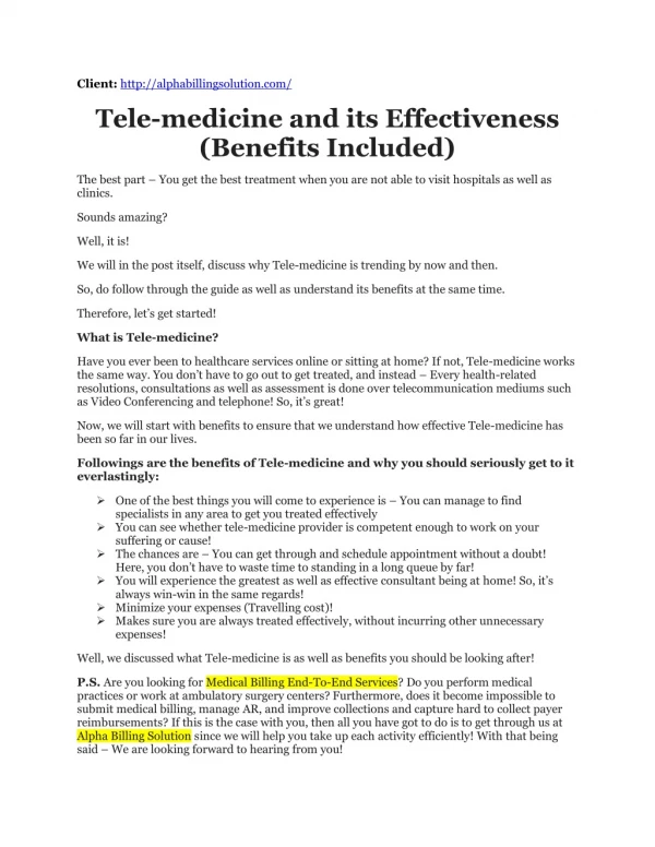 Tele-medicine and its Effectiveness (Benefits Included)