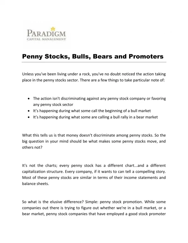 Penny Stocks, Bulls, Bears and Promoters